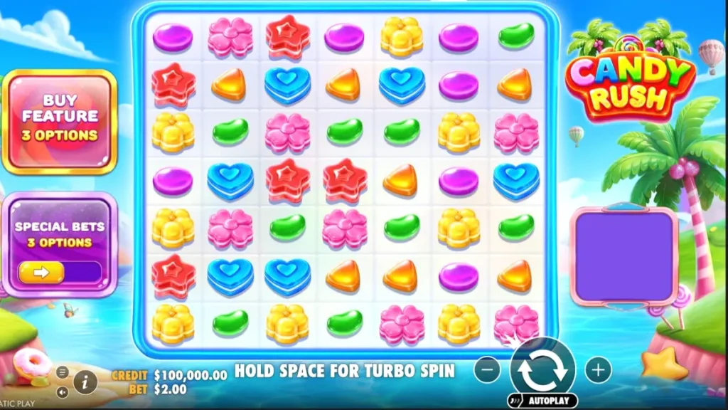 Tampilan visual slot Candy Rush dengan tema permen yang penuh warna dan ceria.