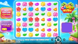 Tampilan visual slot Candy Rush dengan tema permen yang penuh warna dan ceria.