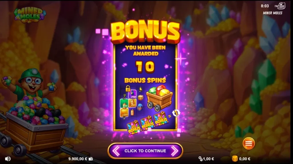 Karakter tikus tanah penambang dalam slot Miner Moles